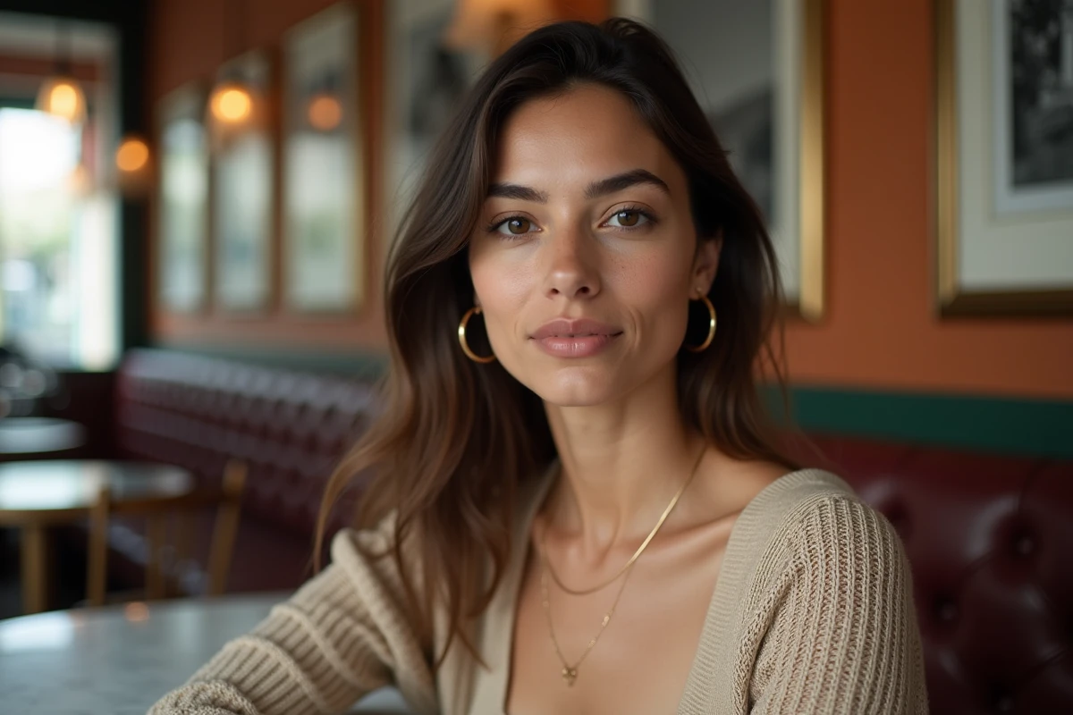 Portrait de femme aux traits méditerranéens dans un café à l'italienne symbolisant l'identité et les origines italiennes de Kelly Vedovelli