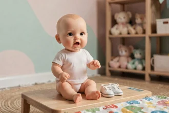 Poupon réaliste qui parle posé sur une table de jeu en bois dans une chambre d'enfant décorée en tons pastel