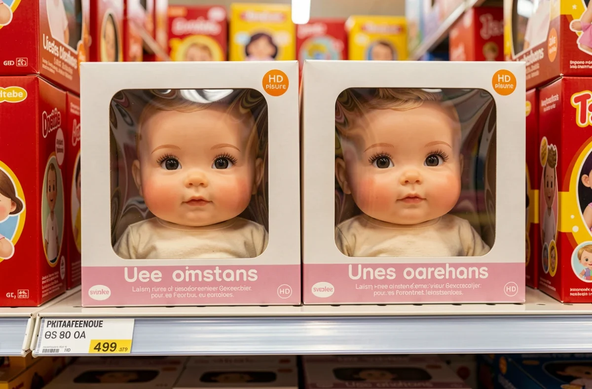 Boîtes de poupons parlants et marchants en promotion sur un rayon de magasin de jouets avec étiquettes de prix