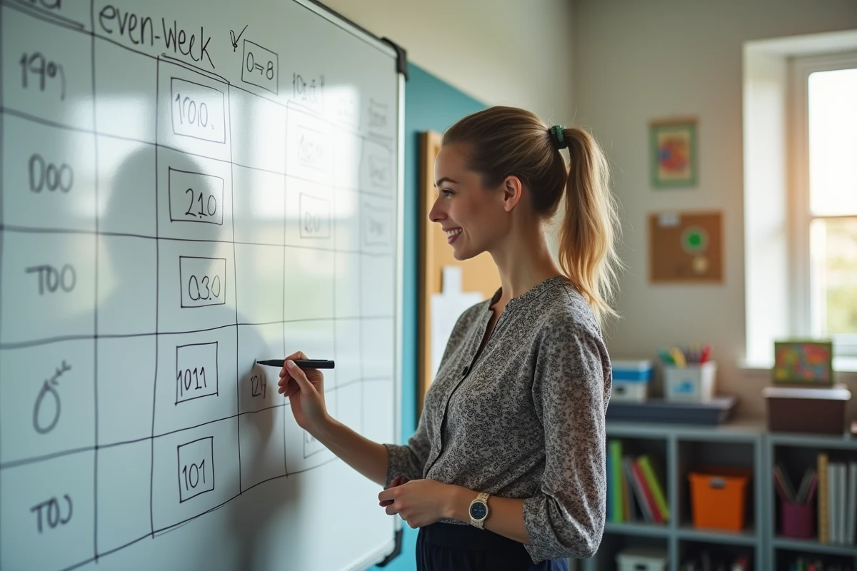 Jeune enseignante ajustant un calendrier dans la salle des profs