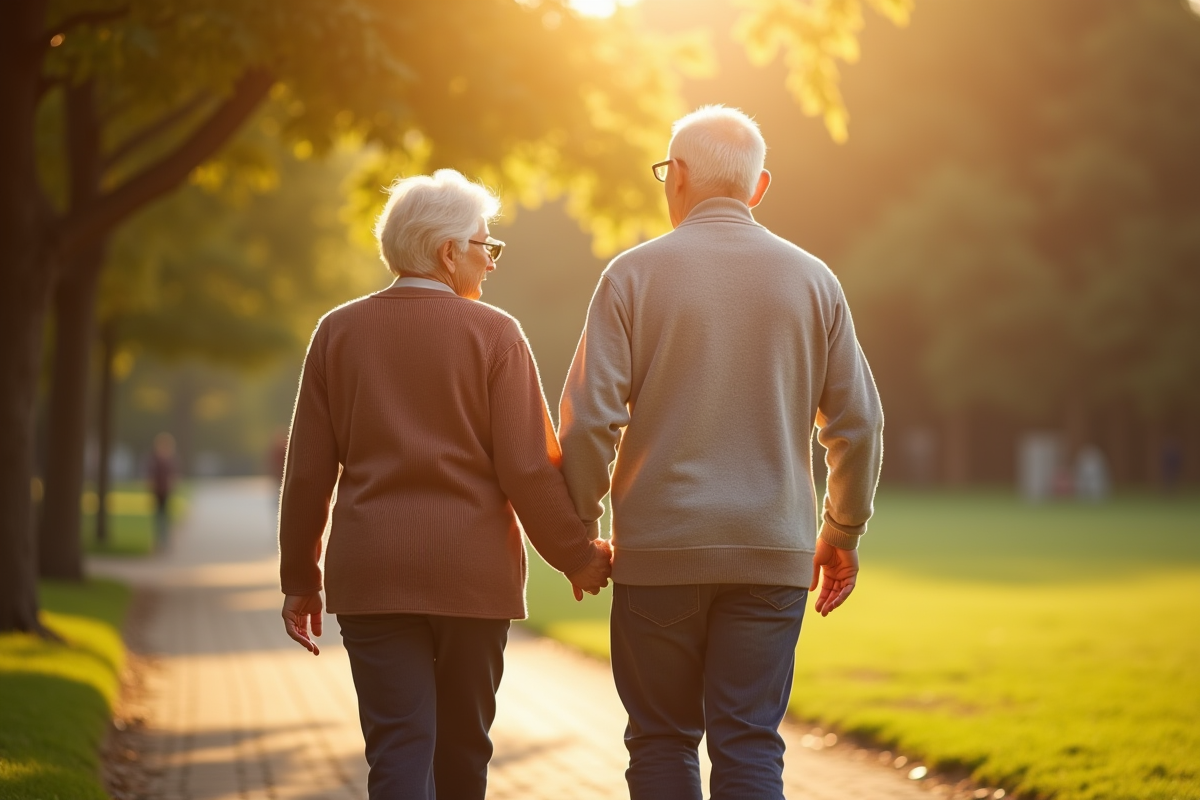 Deux couples seniors marchant main dans la main dans un parc ensoleille