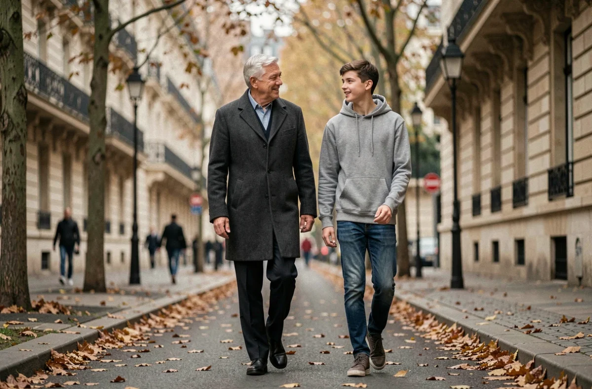 Homme mûr se promenant avec un adolescent sur un boulevard parisien en automne, illustrant les liens familiaux et la relation père-enfant dans la vie privée