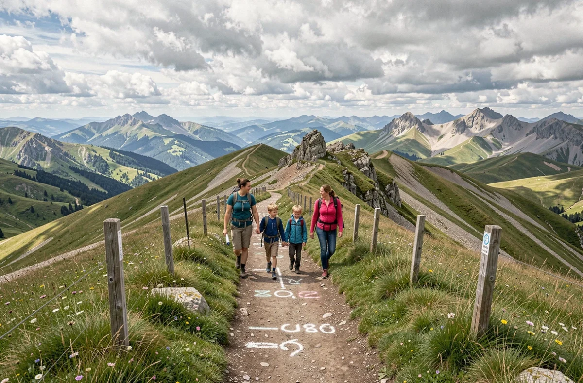Famille en randonnée sur les sentiers du Puy de Sancy avec panorama sur les sommets du Massif central