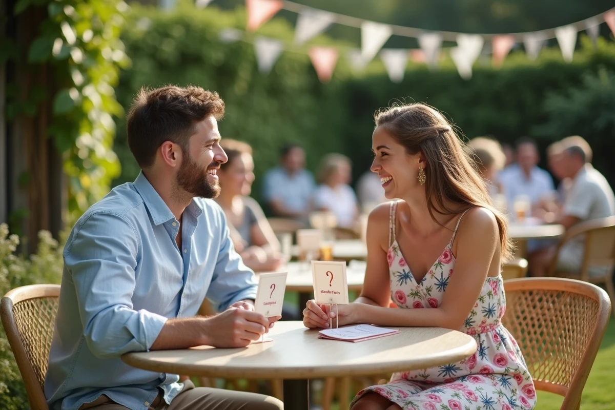 Couple jouant aux Questions Les Z'amours avec des cartes imprimées lors d'un anniversaire en plein air dans un jardin