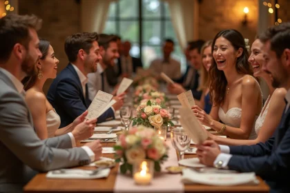 Groupe d'adultes jouant aux Questions Les Z'amours lors d'une réception de mariage autour d'une table en bois rustique