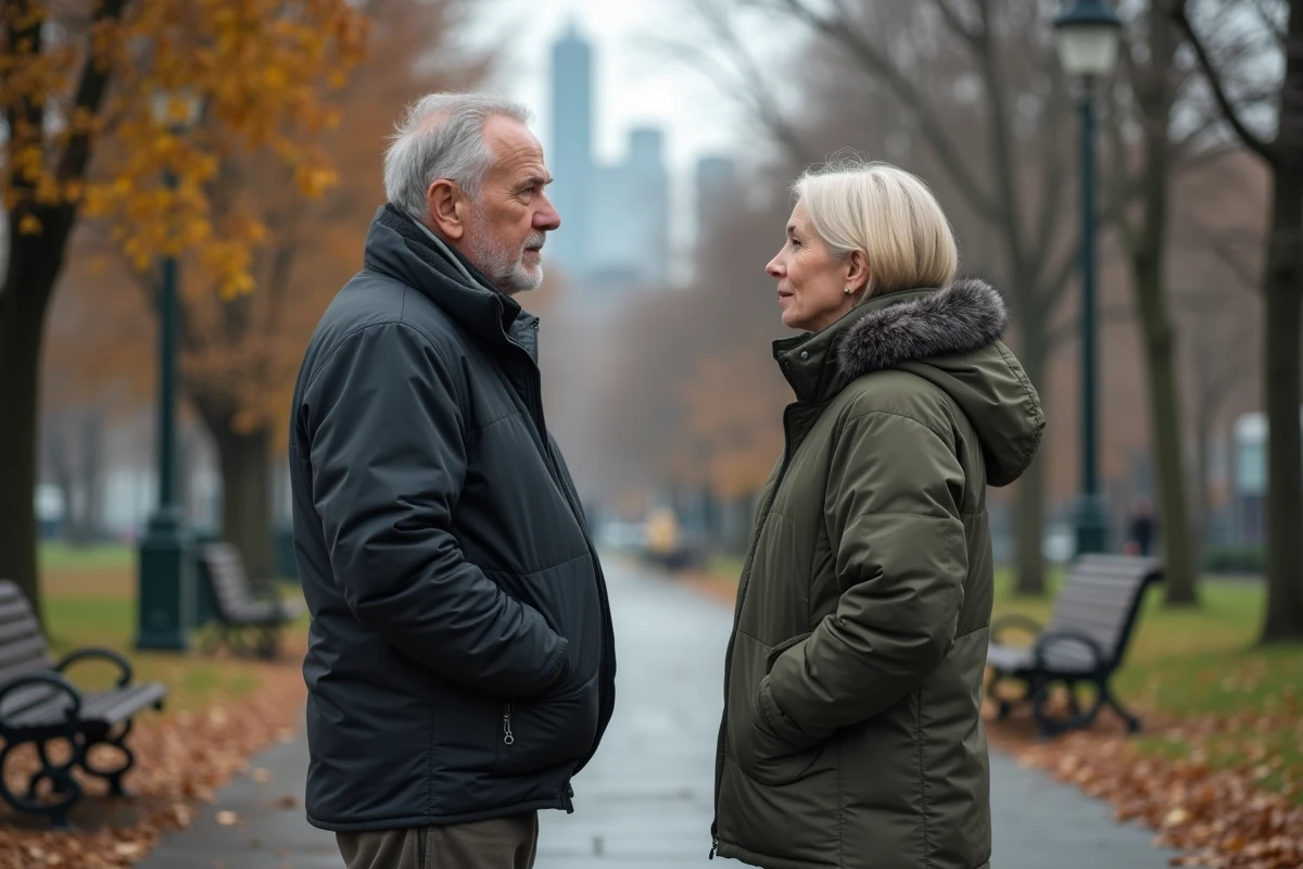 Père et fille dans un parc urbain avec des expressions réservées
