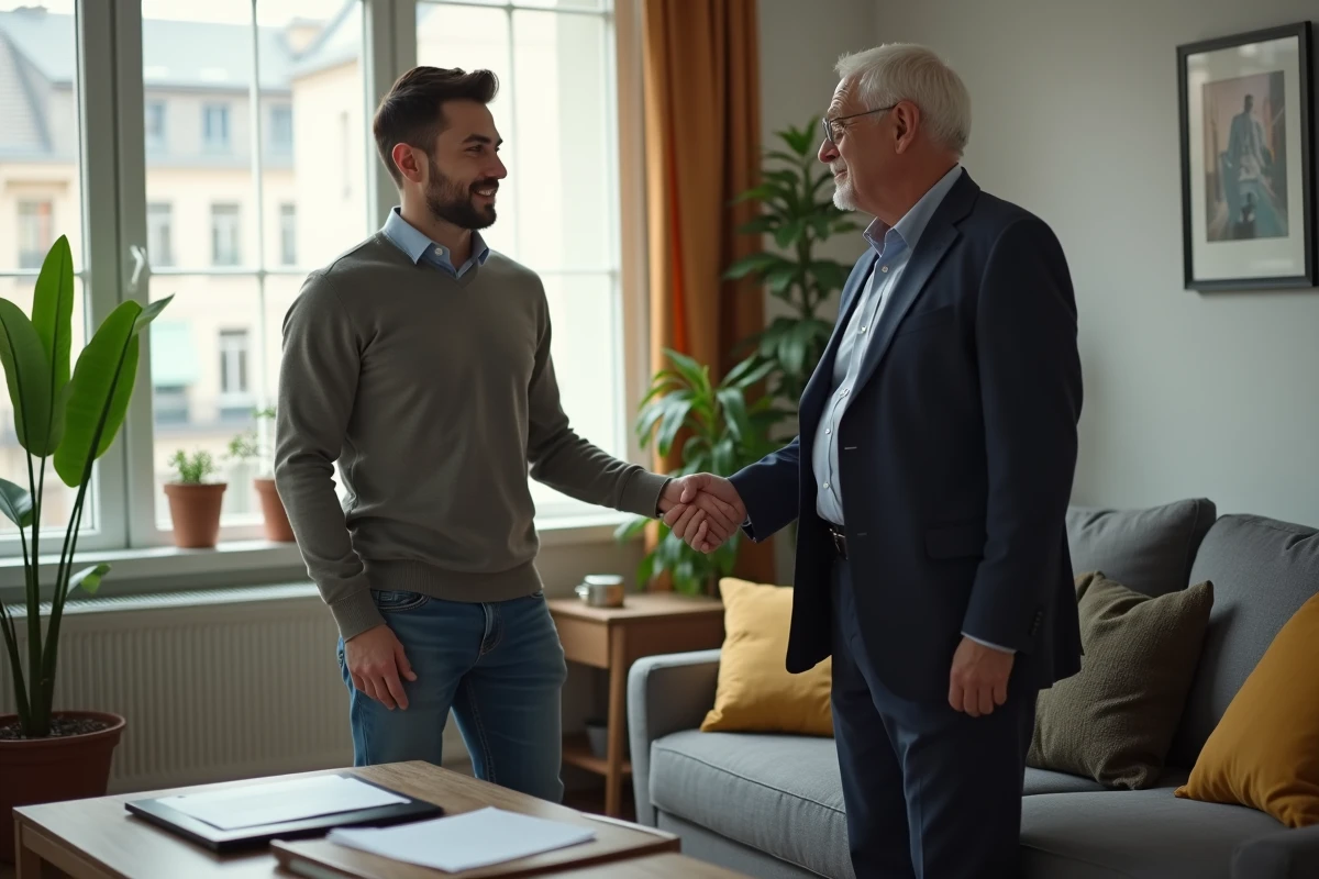 Jeune homme accueillant un homme officiel dans son salon moderne
