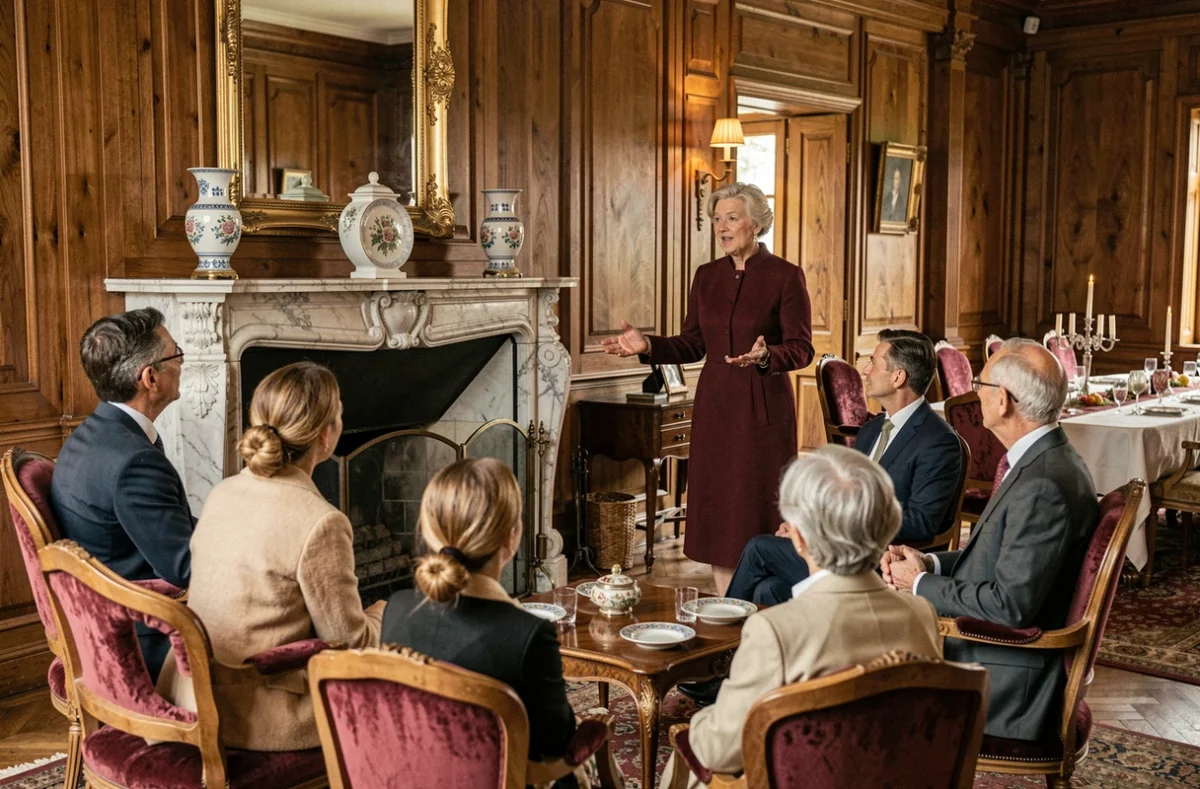 Réunion familiale bourgeoise dans un salon classique parisien avec cheminée en marbre, symbolisant les dynamiques de transmission familiale et d'influence dans les grandes dynasties industrielles françaises