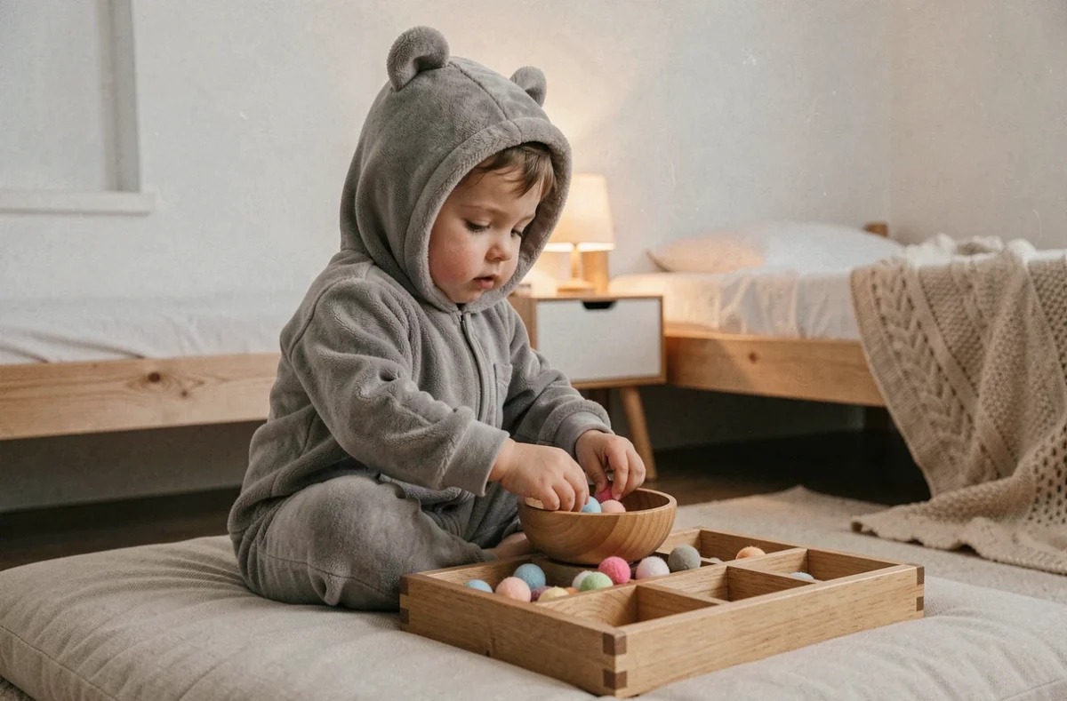 Bambin de 2 ans en pyjama gris doux transférant des pompons dans un plateau de tri en bois pour développer sa motricité fine avant le coucher