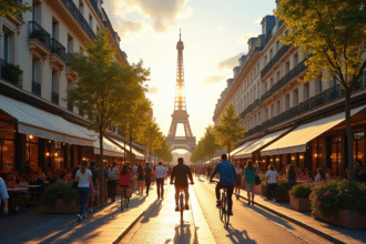Rue animée à Paris avec Eiffel et cafés en été