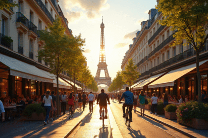Rue animée à Paris avec Eiffel et cafés en été
