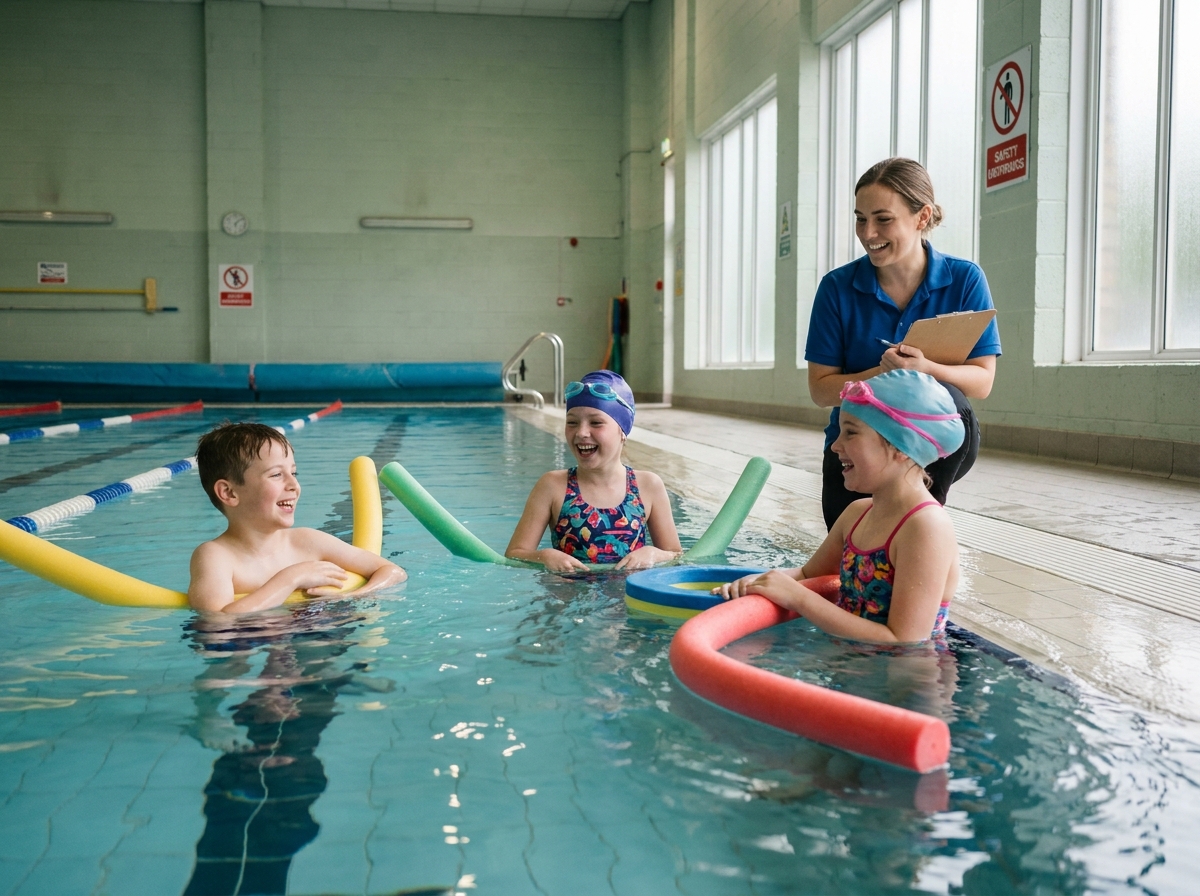 Groupe d'enfants en séance d'activité aquatique thérapeutique encadrée par une thérapeute spécialisée