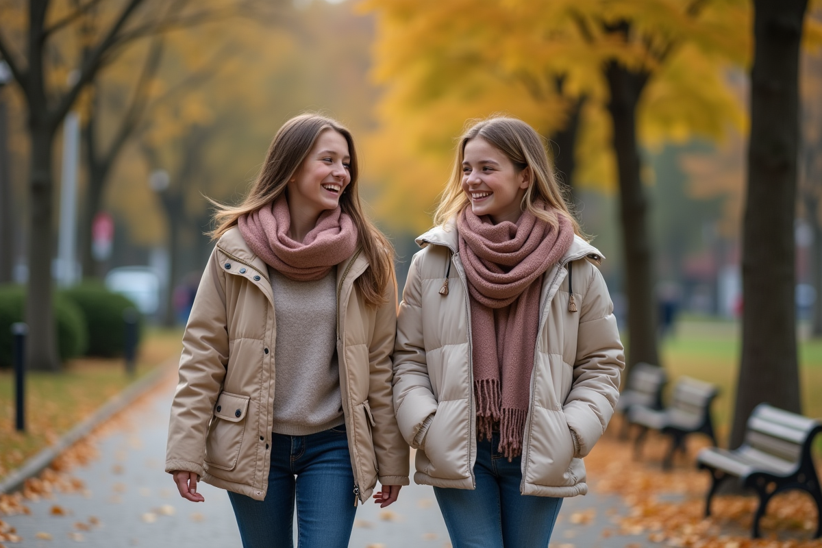 Deux adolescentes rient en se promenant dans un parc automnal