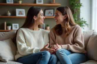 Deux soeurs adultes discutent chaleureusement sur un canapé