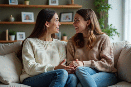 Deux soeurs adultes discutent chaleureusement sur un canapé