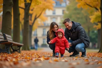 Famille avec enfant de 3 à 5 ans explorant un parc en Île-de-France un dimanche d'automne