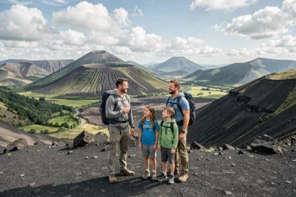 Famille en randonnée sur un paysage volcanique du Puy-de-Dôme avec vue panoramique sur les dômes