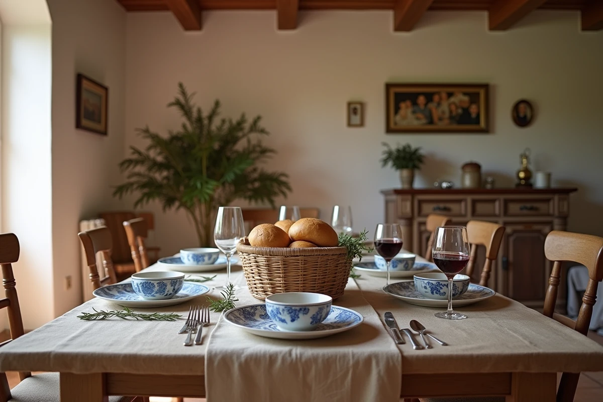 Table italienne traditionnelle avec vaisselle peinte à la main et décoration toscane évoquant les racines familiales italiennes