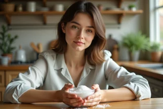 Femme enceinte réalisant le test du sel dans sa cuisine avec un bol de gros sel sur une table en bois
