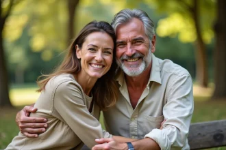 Frère et sœur autour de la quarantaine s'embrassant chaleureusement dans un parc, sourires authentiques, vêtements en lin naturel