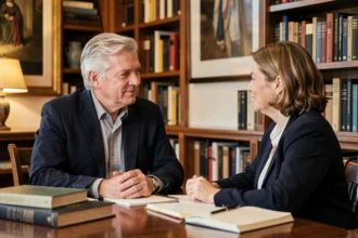 Homme élégant aux cheveux grisonnants discutant avec une femme dans une bibliothèque privée chaleureuse, illustrant la vie de couple et l'intimité familiale