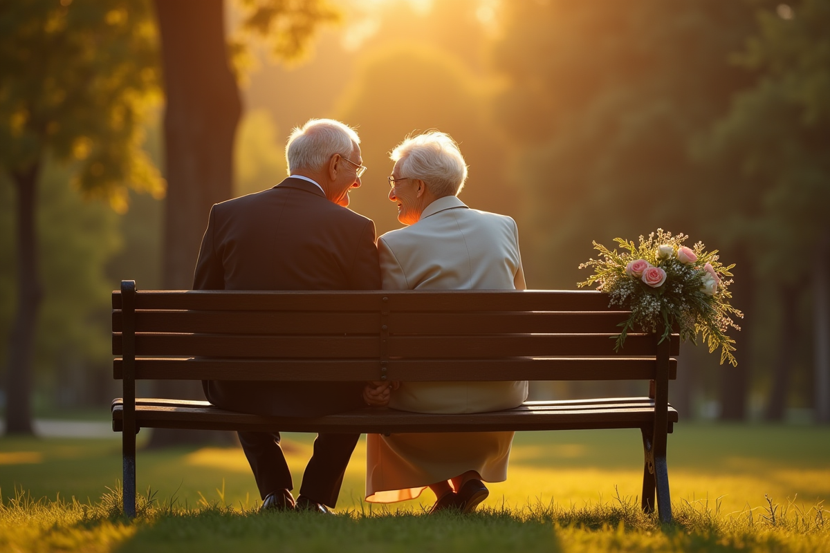 Vieux couple assis main dans la main dans un parc en fin d