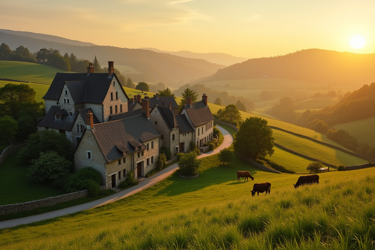 Village rural français au lever du soleil avec champs