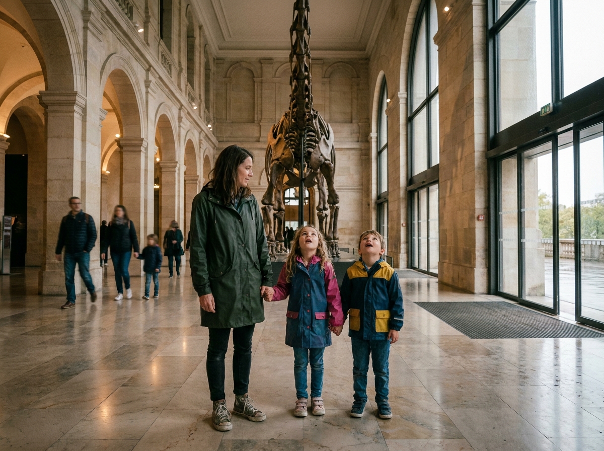 Famille visitant un musée d'histoire naturelle à Lyon par temps de pluie avec des enfants