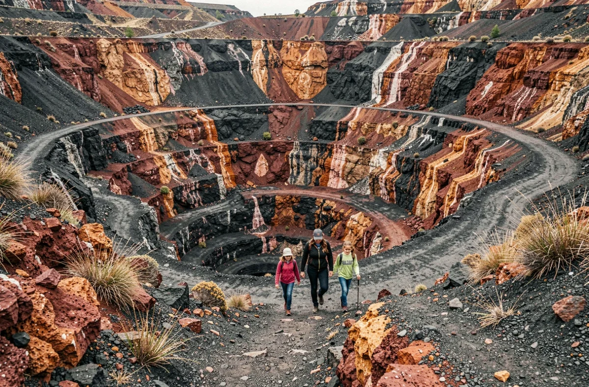 Famille descendant dans le cratère ouvert du volcan de Lemptégy avec les strates géologiques colorées visibles
