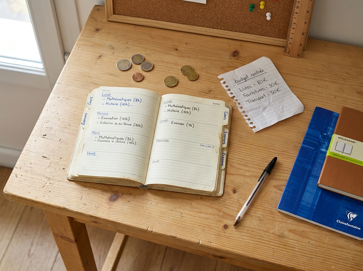 Vue de dessus d'un bureau avec un cahier de texte ouvert, des pièces de monnaie et une liste de budget pour la rentrée scolaire